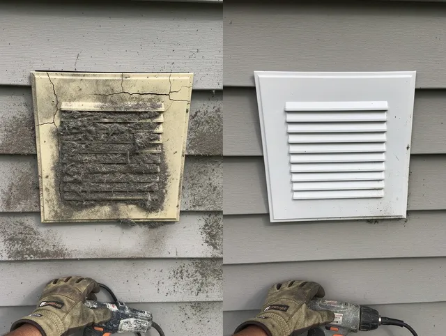 Ipswich Dryer Vent Cleaning technician installing high-quality dryer vent cover at a residential property in Ipswich