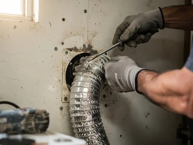 Ipswich Dryer Vent Cleaning technician performing precise dryer vent hose installation in Ipswich